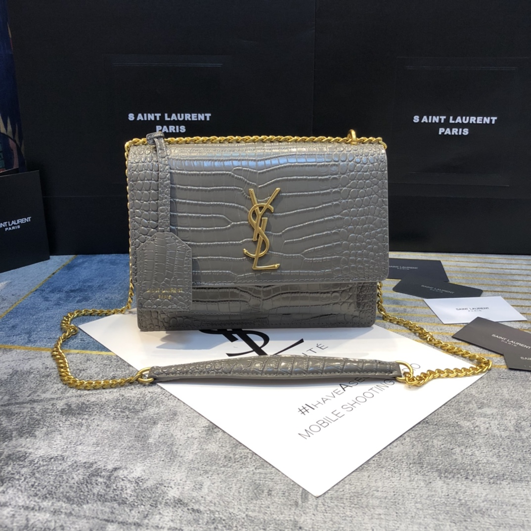 YSL SUNSET MEDIUM CHAIN BAG IN CROCODILE EMBOSSED SHINY LEATHER