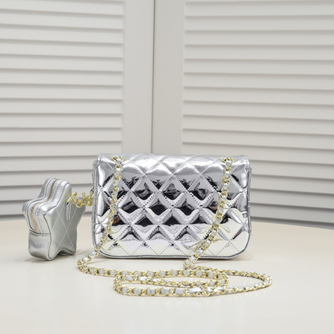Chanel 24c Star Bag CF Patent Leather Silver Shoulder Bag Handbag