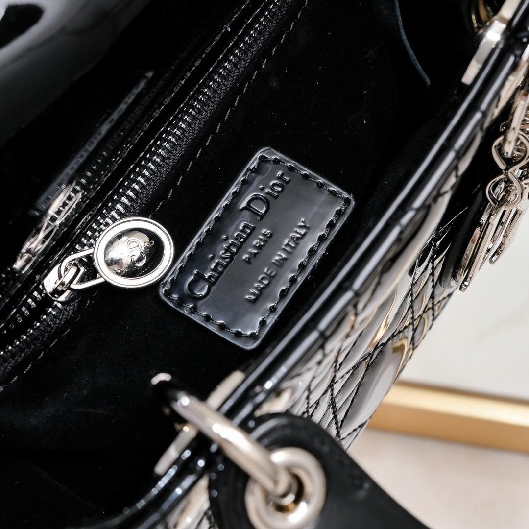 Mini Lady Dior Bag Black silver patent leather CD2025 XB071 17cm