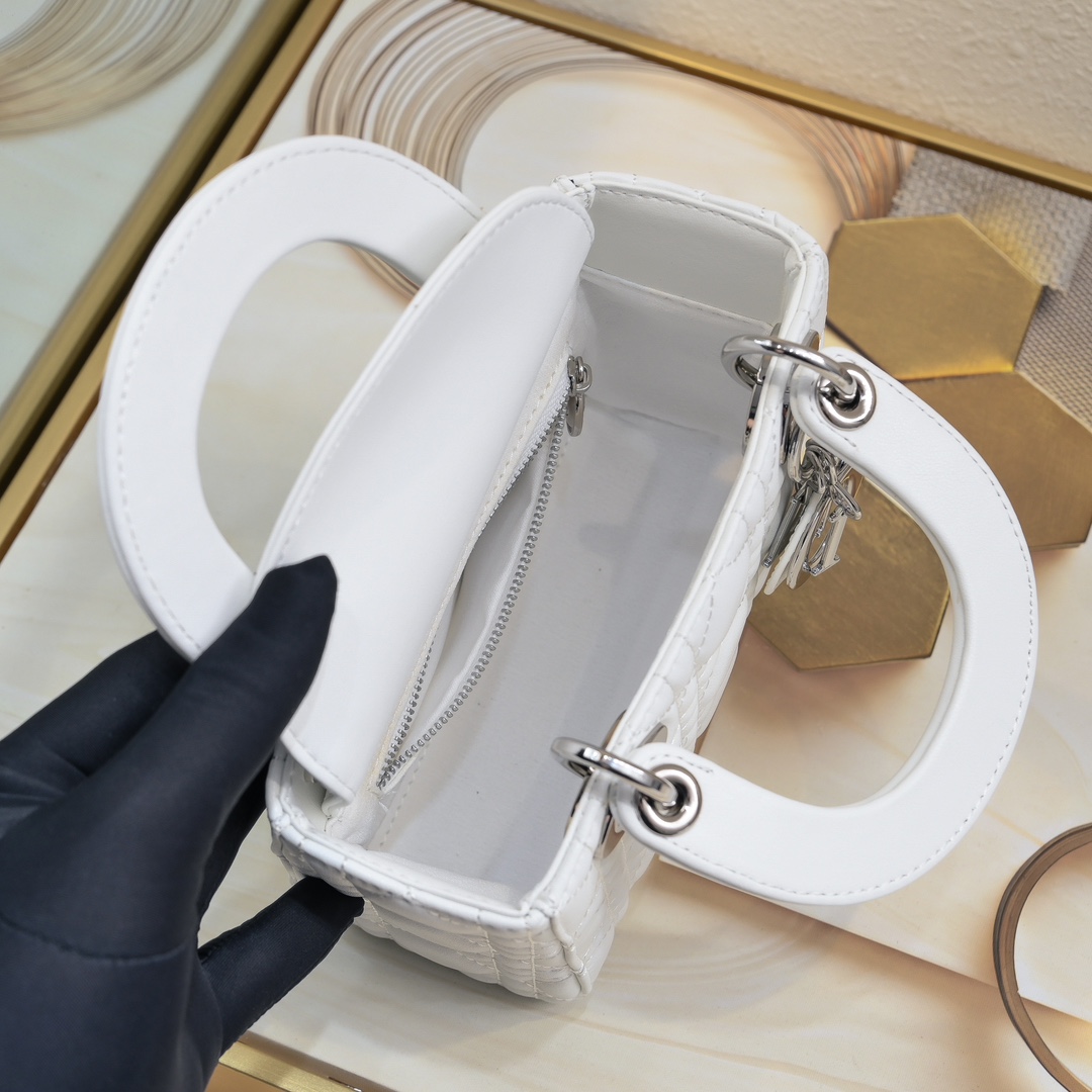 Mini Lady Dior Bag White Silver Sheepskin 2077 LM051 17cm