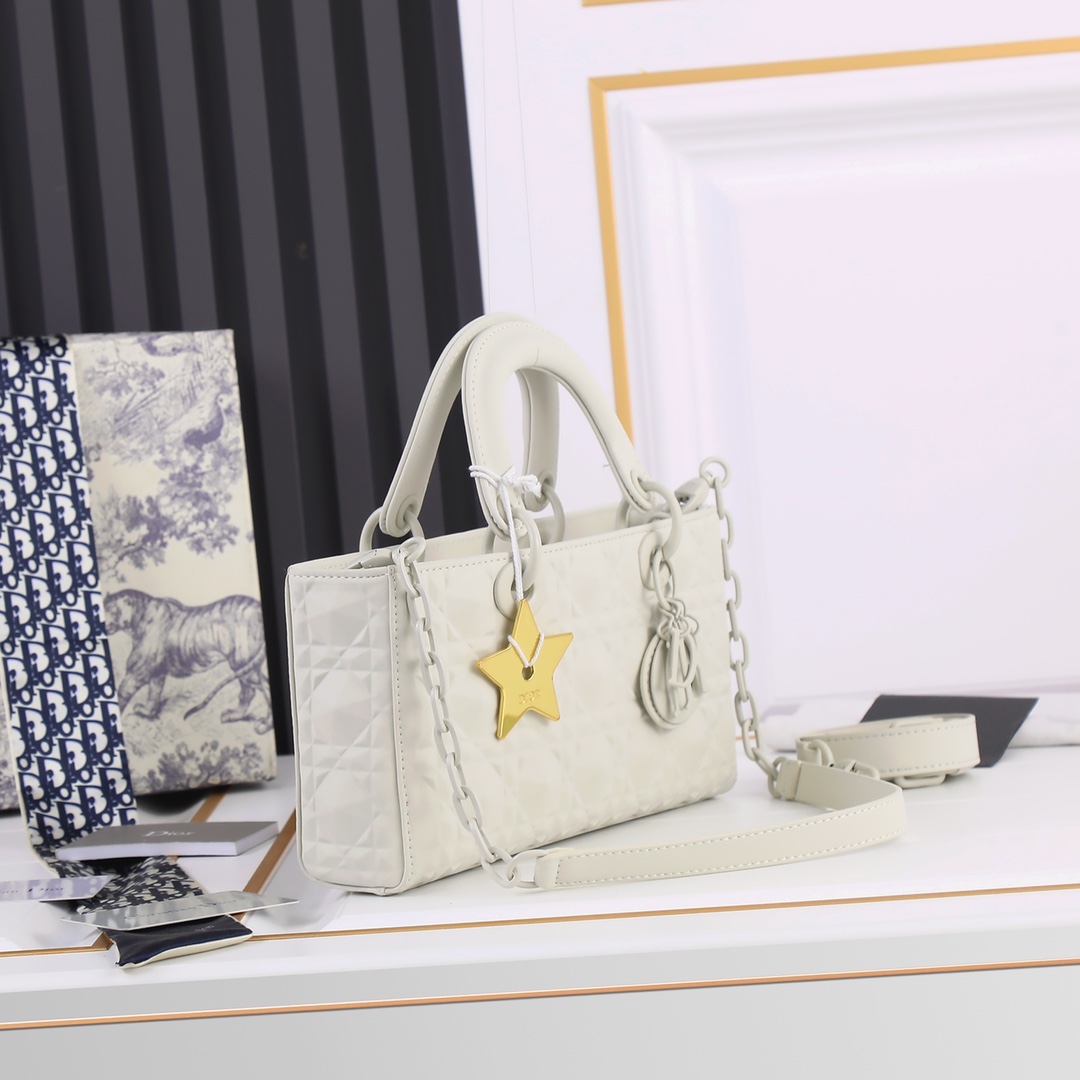 Medium Lady D-Joy Bag White with Diamond Motif 2099 XB012 26cm