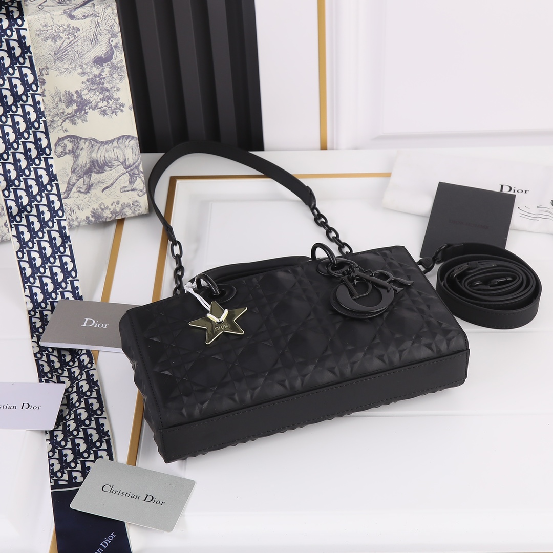 Medium Lady D-Joy Bag Black with Diamond Motif 2099 XB012 26cm