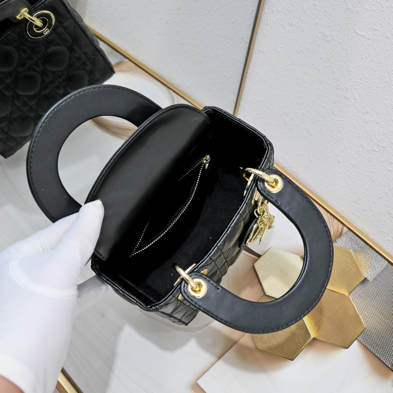 Mini Lady Dior Bag Black Gold Sheepskin 2077 LM051 17cm