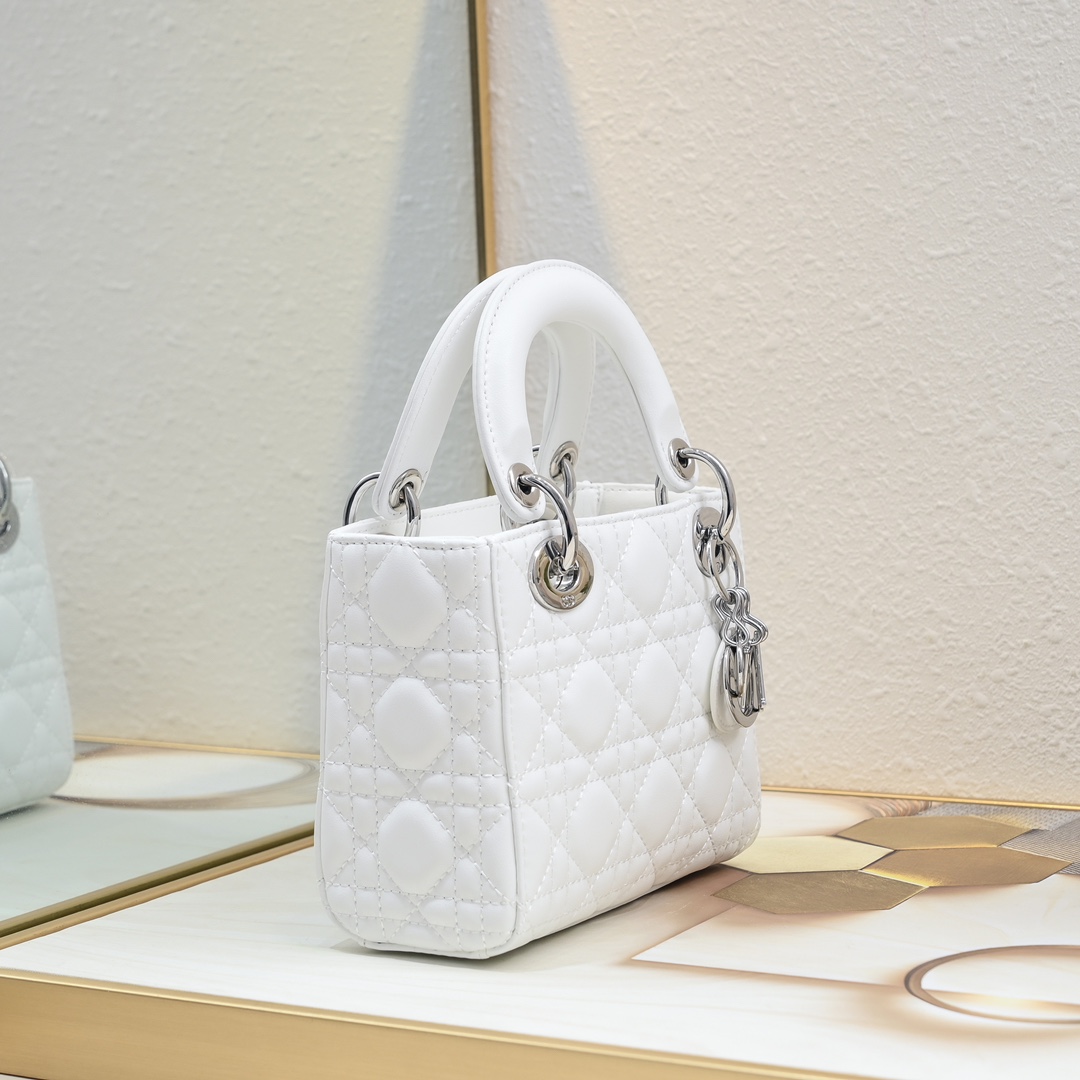 Mini Lady Dior Bag White Silver Sheepskin 2077 LM051 17cm