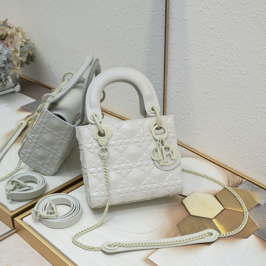 Mini Lady Dior Bag White Diamond Motif 3002 XB081 17cm