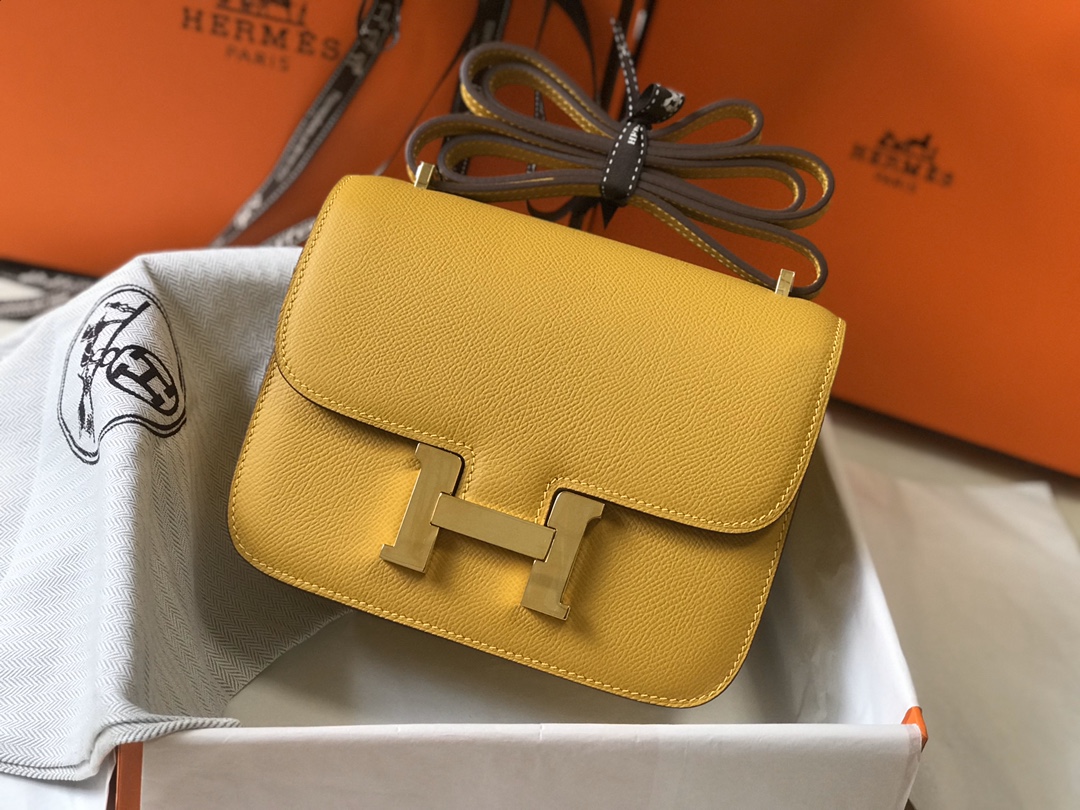 Replica Hermes Constance Bag Epsom Amber Lipstick Wiht Gold 18cm and 23cm