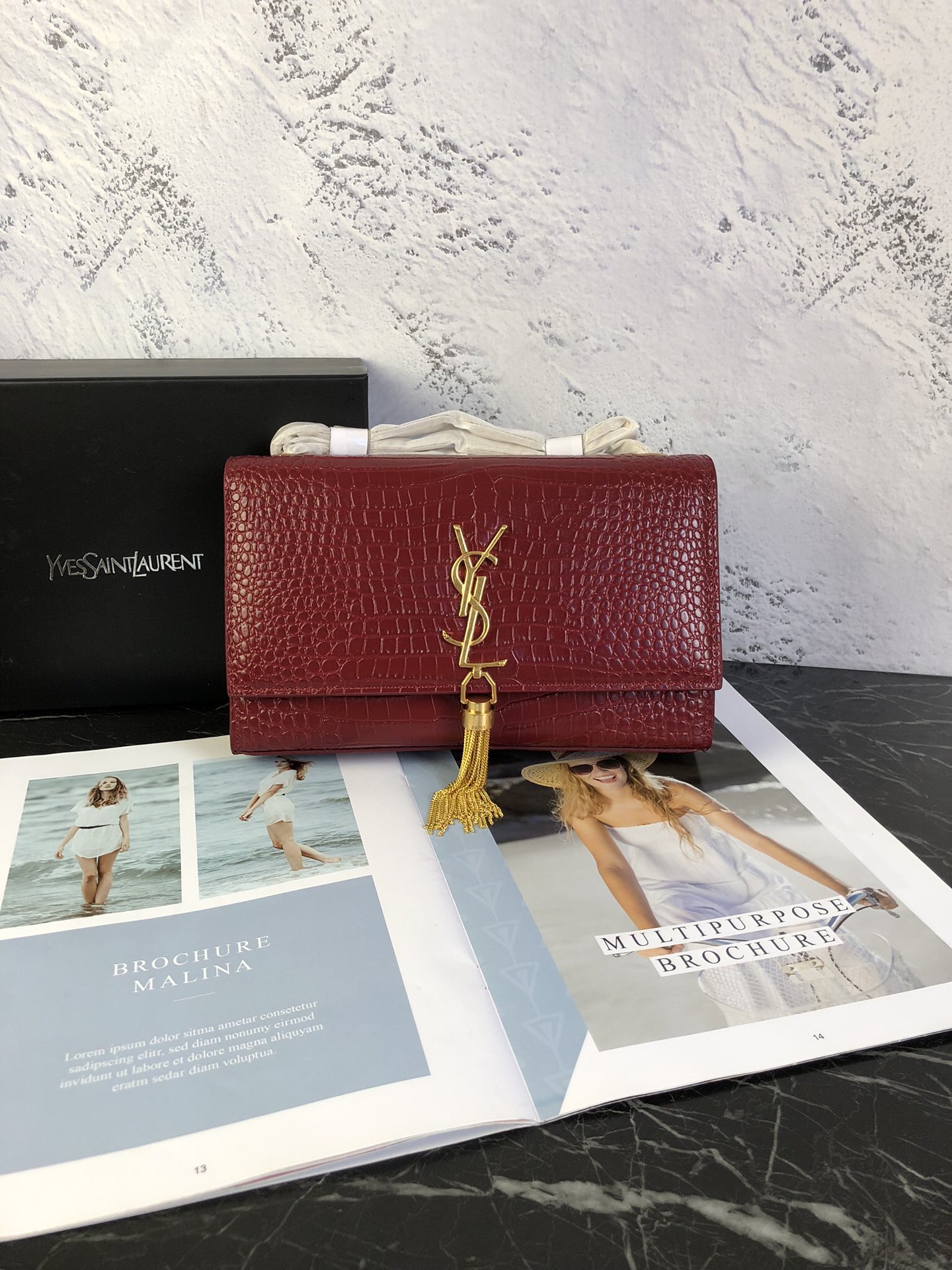 YSL KATE MEDIUM CHAIN BAG WITH TASSEL IN EMBOSSED CROCODILE SHINY LEATHER