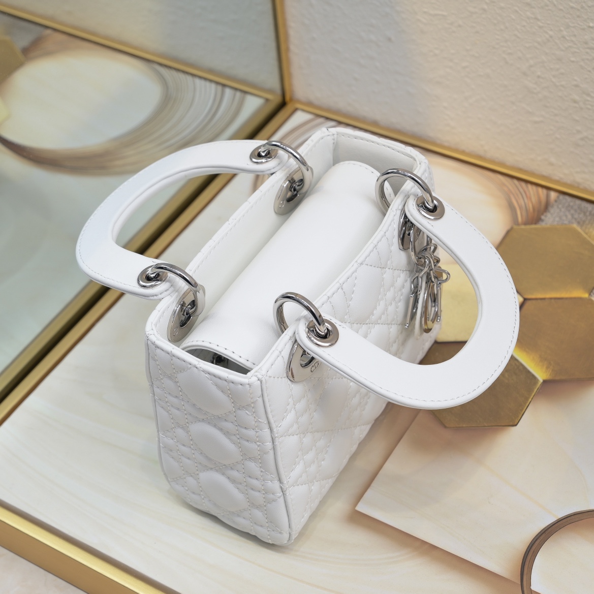 Mini Lady Dior Bag White Silver Sheepskin 2077 LM051 17cm