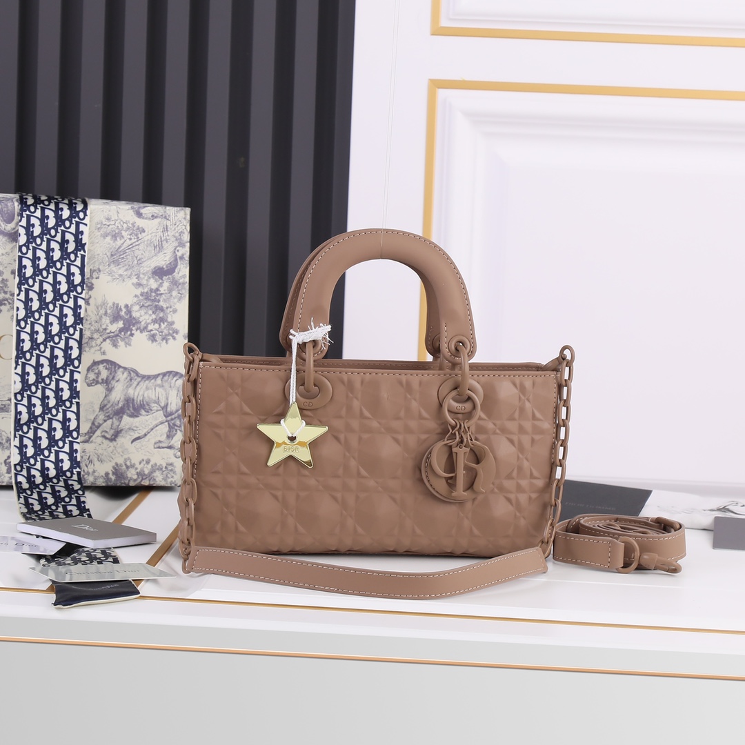 Medium Lady D-Joy Bag Khaki with Diamond Motif 2099 XB012 26cm