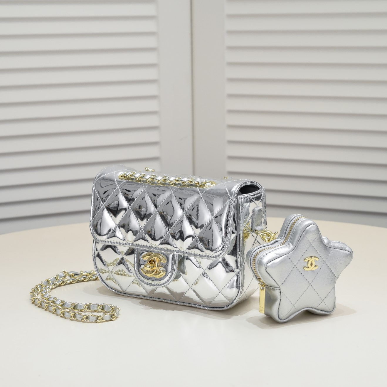 Chanel 24c Star Bag Mini CF Patent Leather Silver Shoulder Bag Handbag