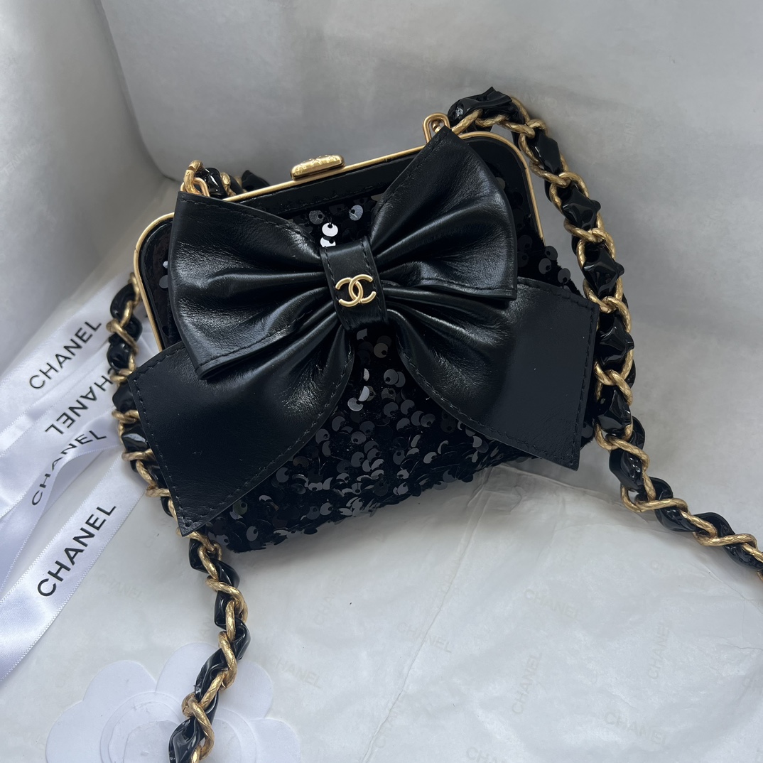 Chanel Bow Cute Clip Bag Sequins Cowhide
