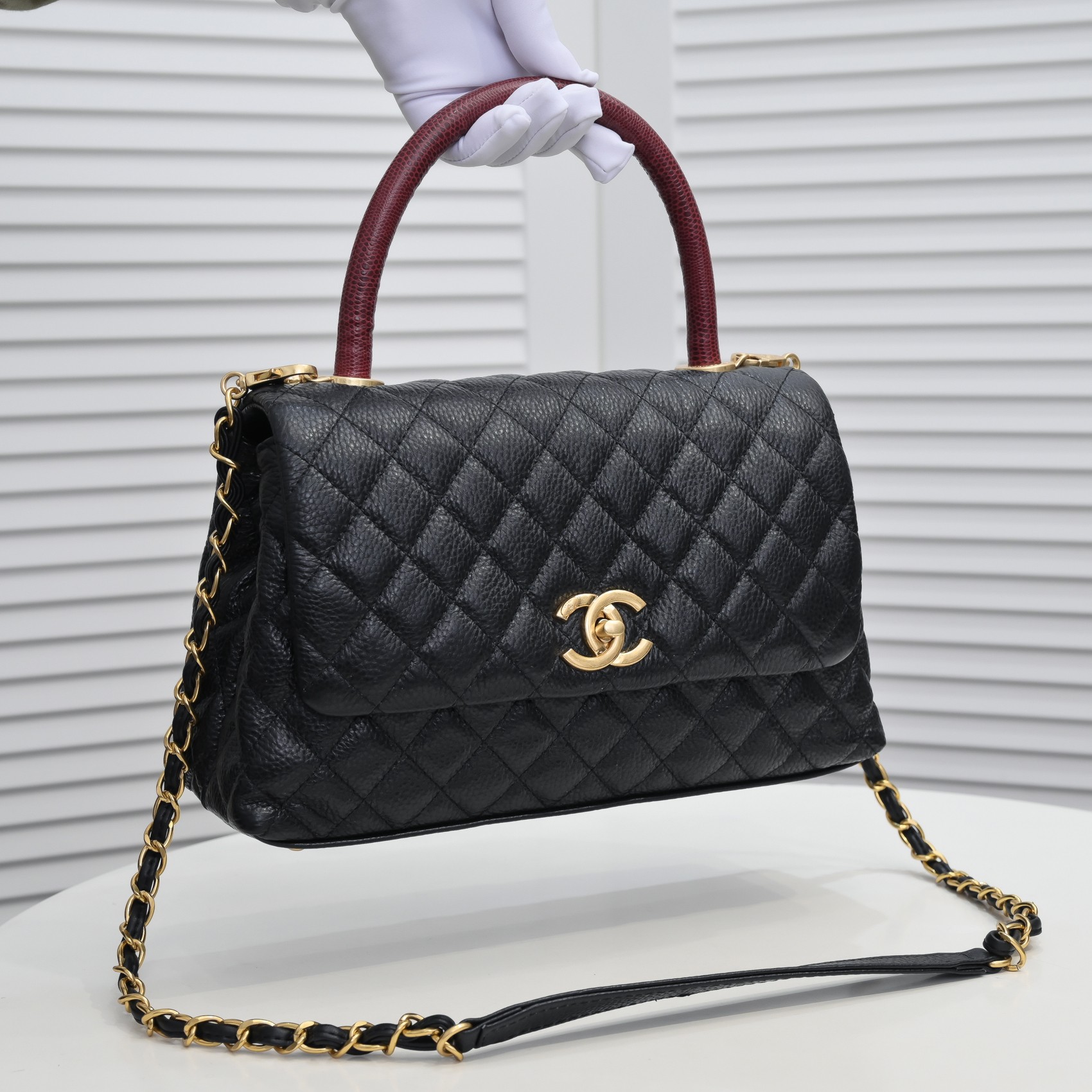 Chanel Stripe Gold Buckle Large  Shoulder Bag Handbag