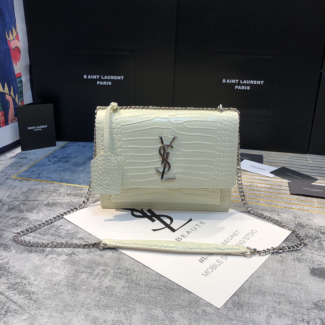 YSL SUNSET MEDIUM CHAIN BAG IN CROCODILE EMBOSSED SHINY LEATHER