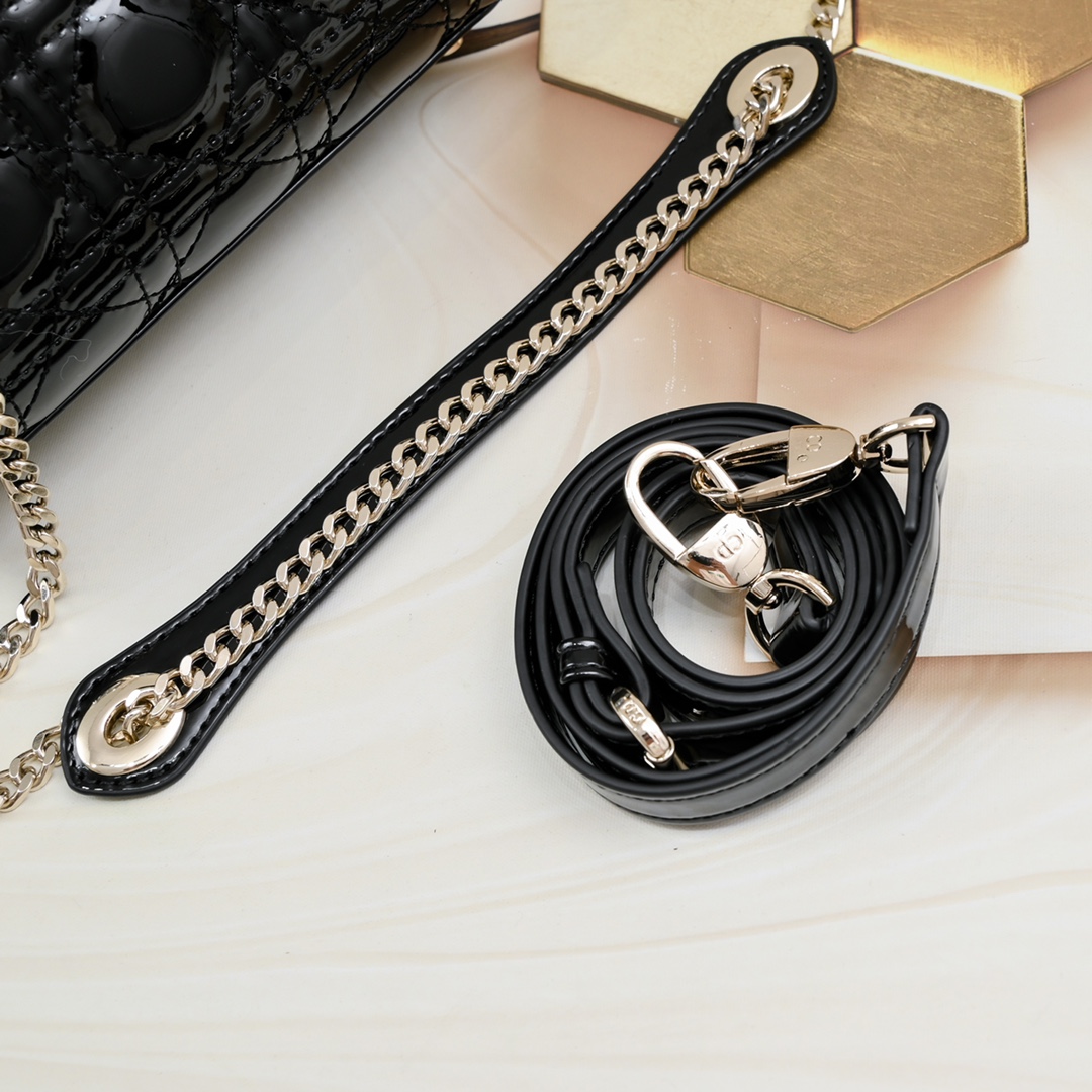 Mini Lady Dior Bag Black gold patent leather CD2025 XB071 17cm