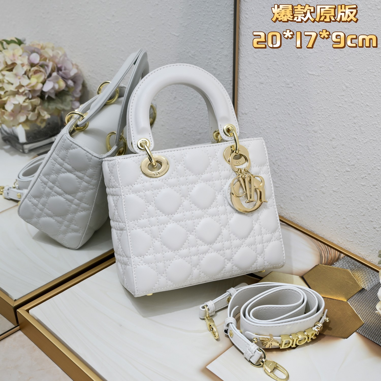 Small Lady Dior My ABCDior Bag White Gold Sheepskin 1022 LM061 20cm