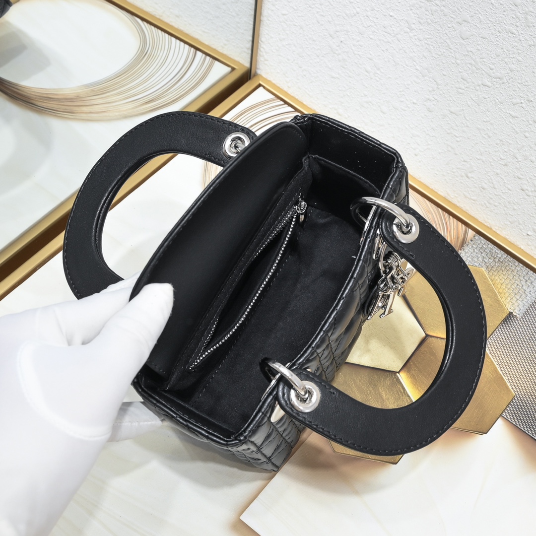 Mini Lady Dior Bag Black Silver Sheepskin 2077 LM051 17cm