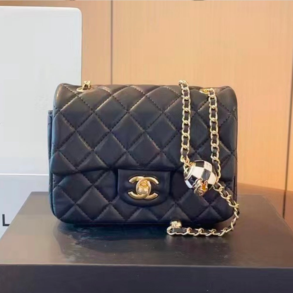 Chanel Lambskin Quilted Enamel CC Pearl Crush Mini Flap Black Shoulder Bag(Replica)