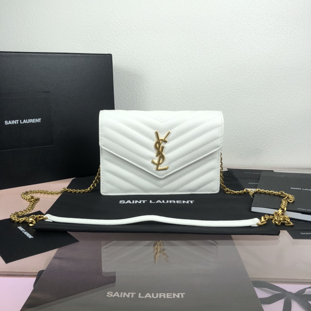 YSL CASSANDRE SAINT LAURENT MATELASSÉ ENVELOPE CHAIN WALLET IN GRAIN DE POUDRE EMBOSSED LEATHER 19CM