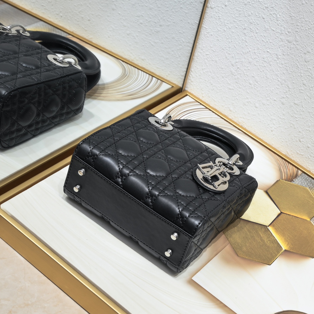 Mini Lady Dior Bag Black Silver Sheepskin 2077 LM051 17cm