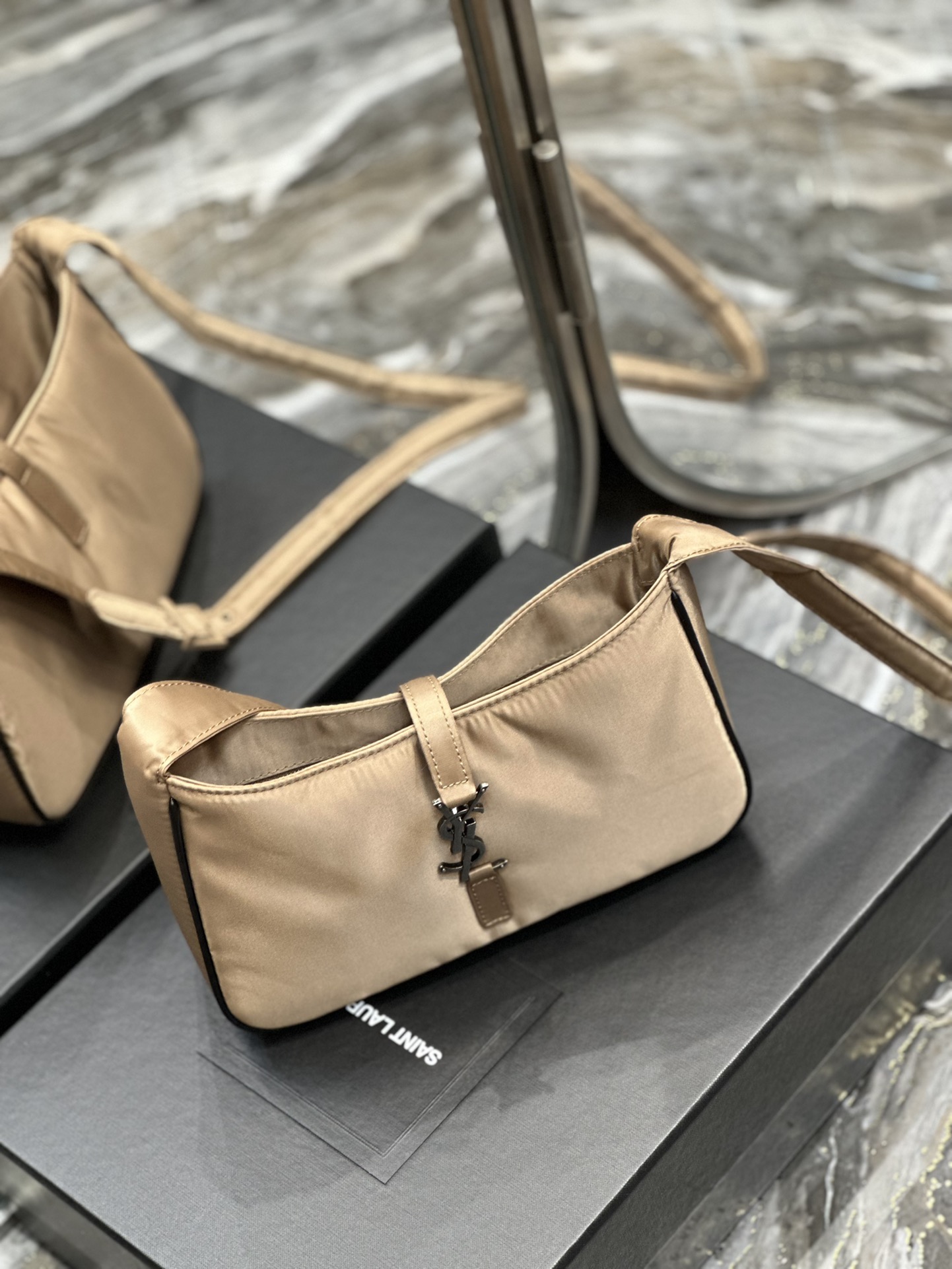 Saint Laurent 10A Handbag Shoulder Bag Top Mirror Quality Version Apricot Silver Buckle with Black Trim Nylon