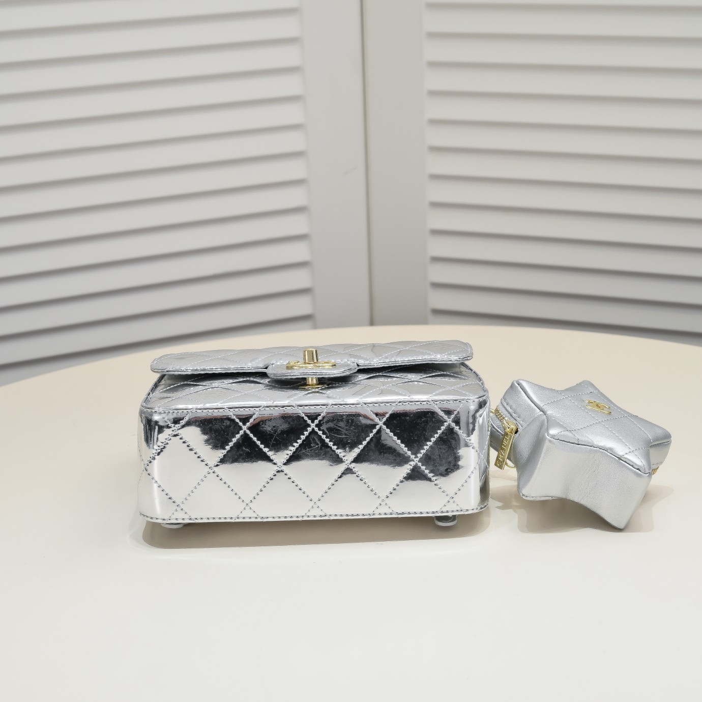 Chanel 24c CF Stars Bag Patent Leather Silver Shoulder Bag Handbag