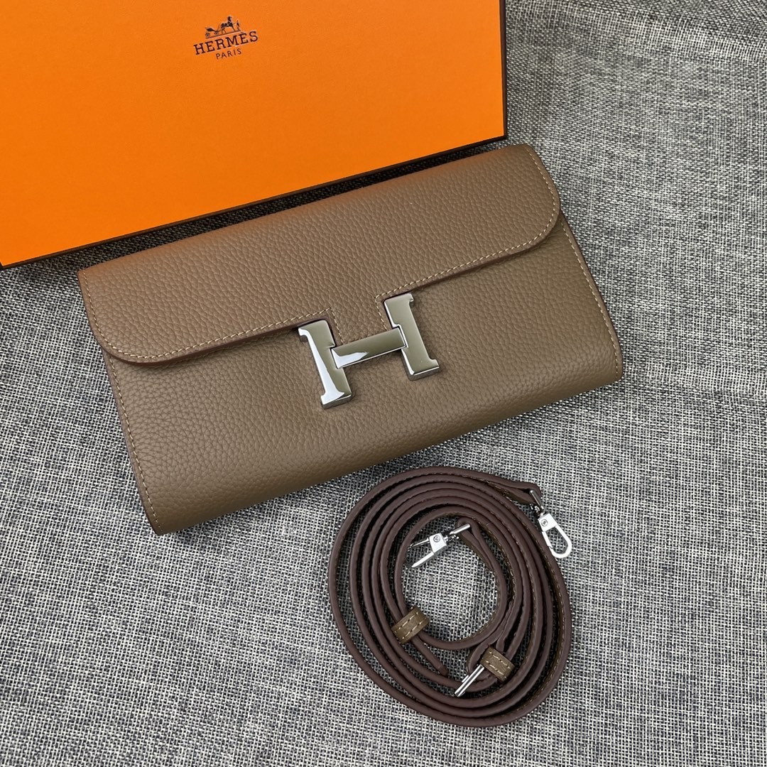 Top Replica HERMES Constance Long Wallet Gris Asphalt Epsom Grey with Silver-Tone Metal