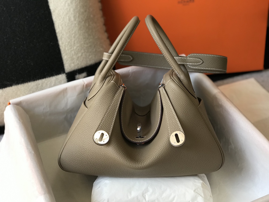 Original Copy Hermes Lindy Handbag Calfskin Dark Khaki with Gold and Sliver Hardware