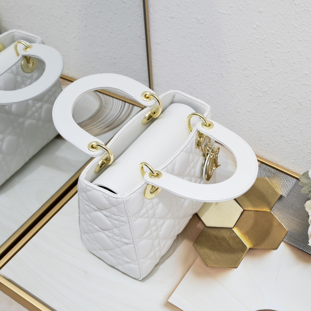 Small Lady Dior My ABCDior Bag White Gold Sheepskin 1022 LM061 20cm