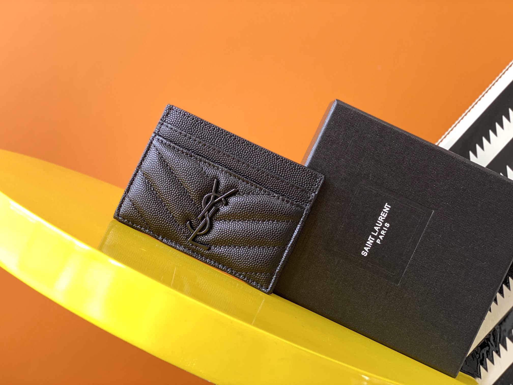 YSL CASSANDRE SAINT LAURENT MATELASSÉ CARD CASE IN GRAIN DE POUDRE EMBOSSED LEATHER