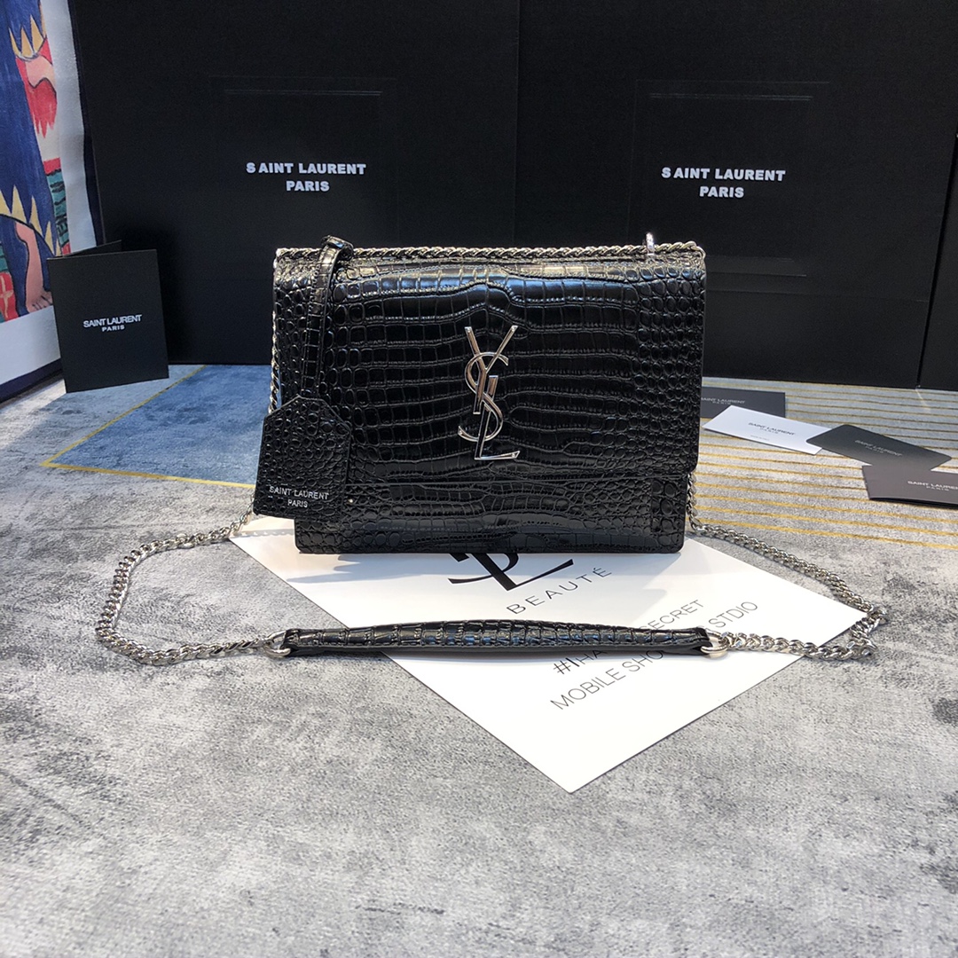 YSL SUNSET MEDIUM CHAIN BAG IN CROCODILE EMBOSSED SHINY LEATHER