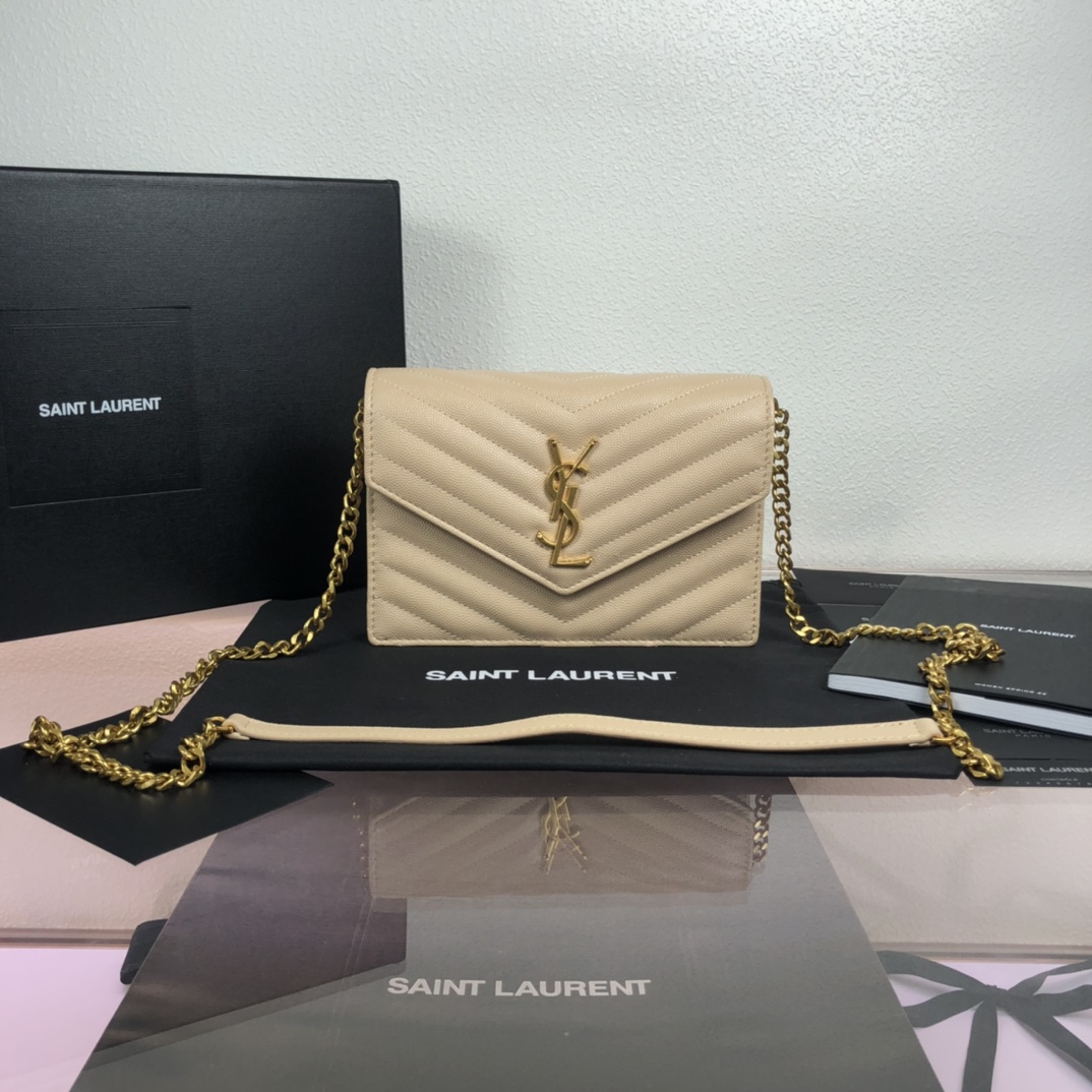 YSL CASSANDRE SAINT LAURENT MATELASSÉ ENVELOPE CHAIN WALLET IN GRAIN DE POUDRE EMBOSSED LEATHER 19CM