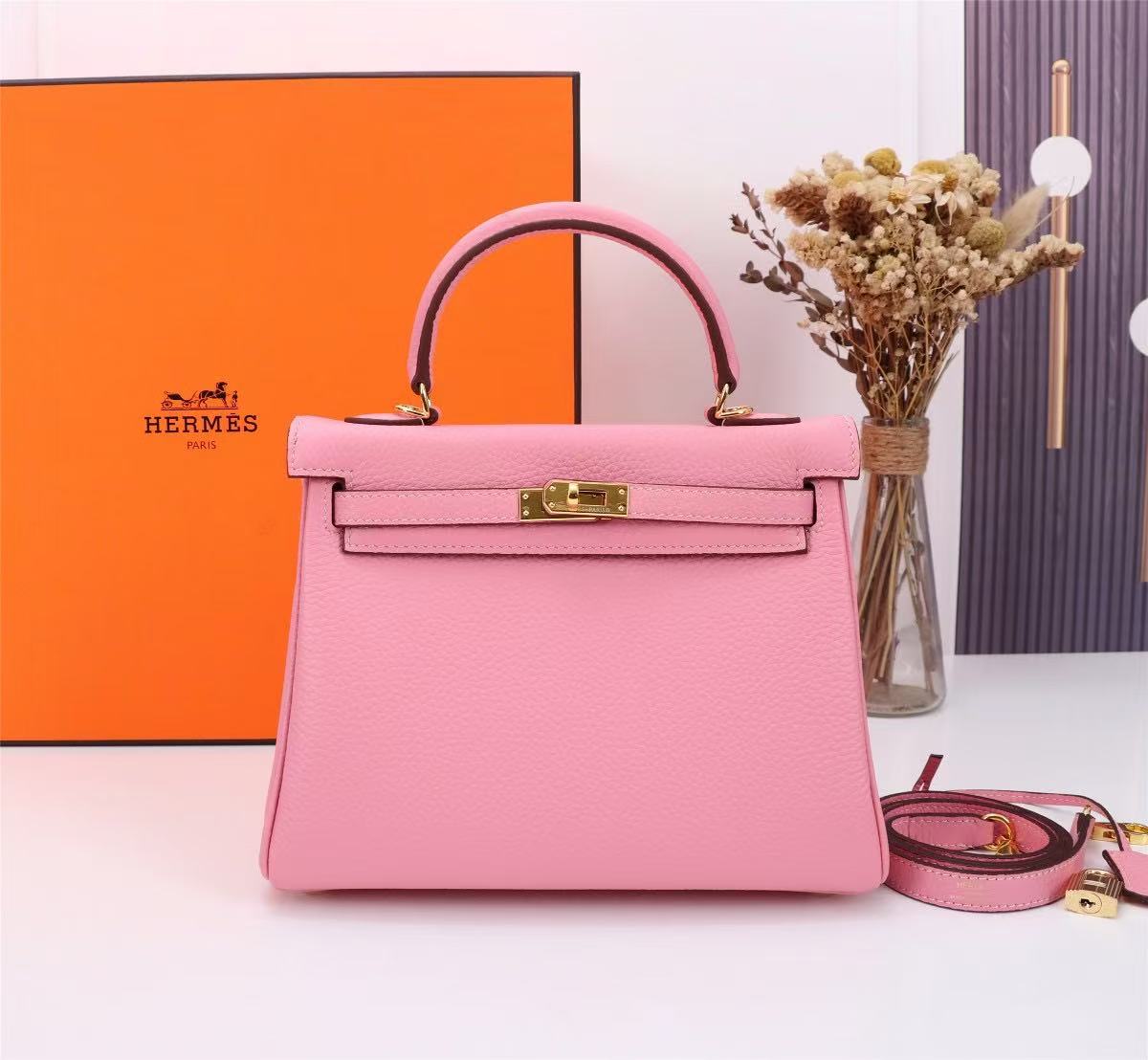 Hermes 25cm Kelly Bag Togo Leather Handbag Pink