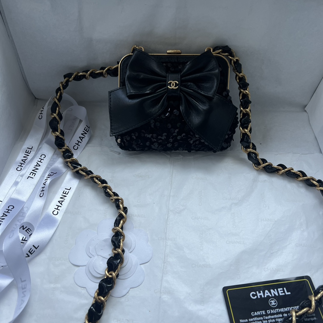Chanel Bow Cute Clip Bag Sequins Cowhide