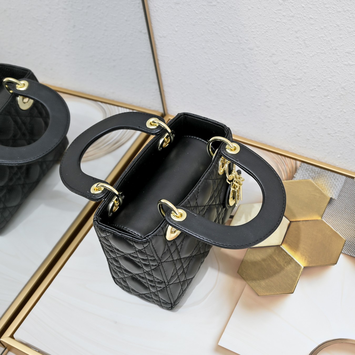 Mini Lady Dior Bag Black Gold Sheepskin 2077 LM051 17cm