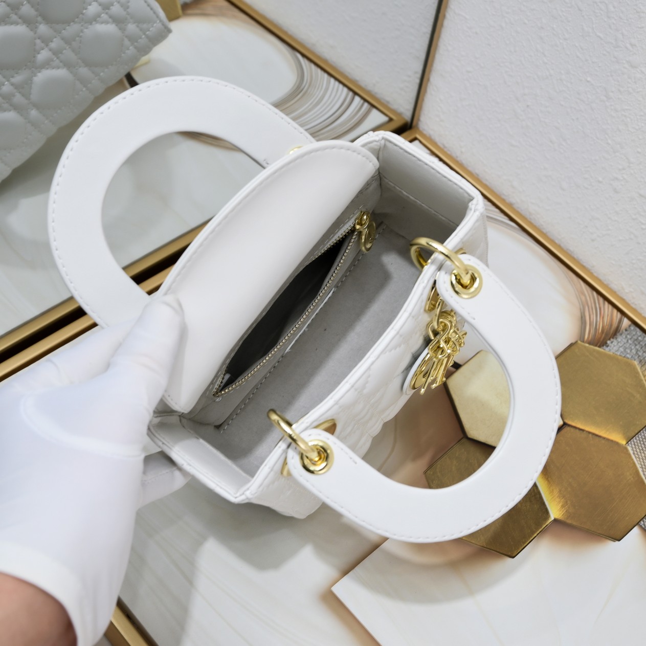 Mini Lady Dior Bag White Sheepskin 2077 LM051 17cm