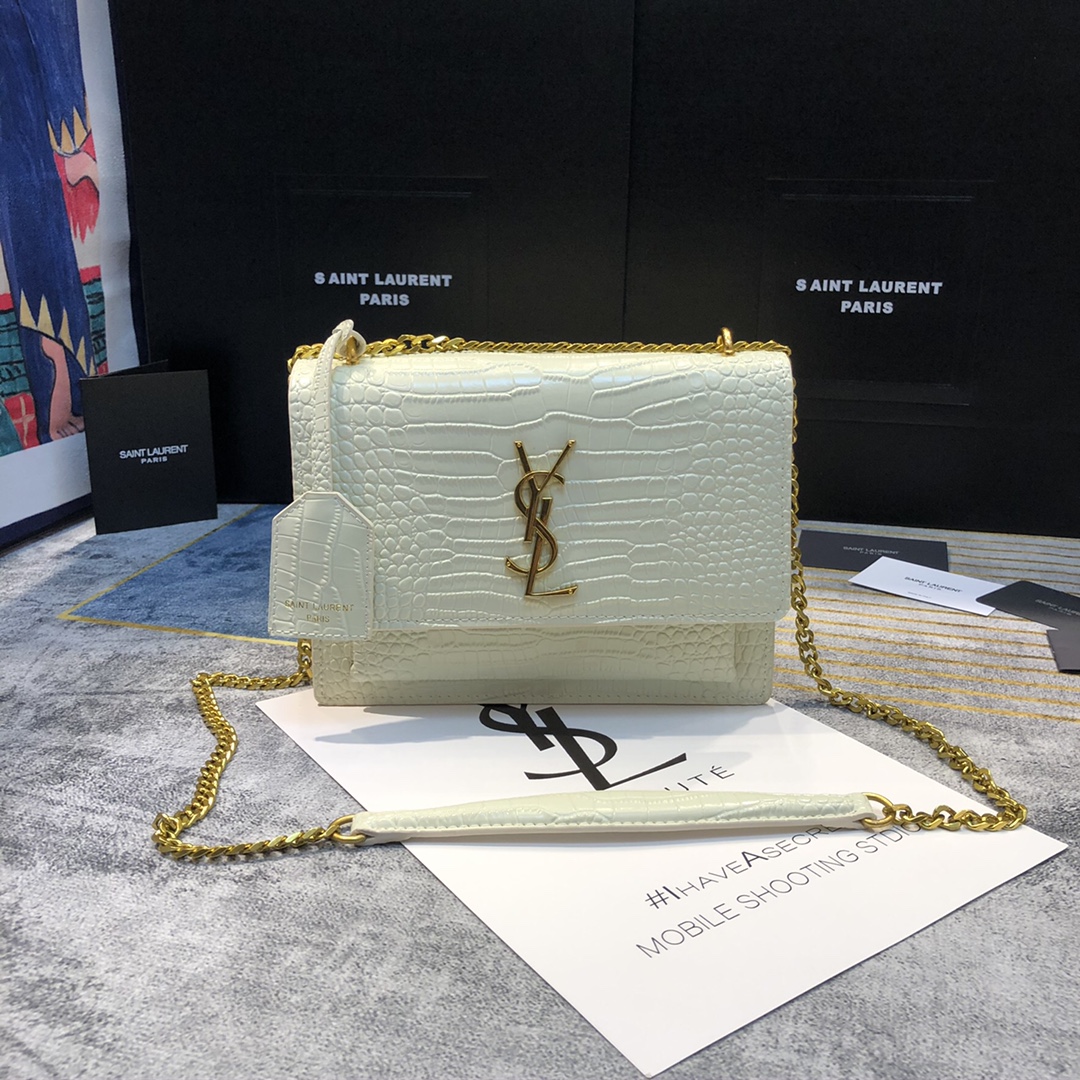 YSL SUNSET MEDIUM CHAIN BAG IN CROCODILE EMBOSSED SHINY LEATHER