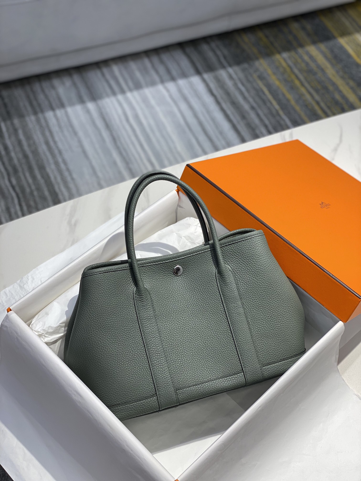 Original Copy Hermes Garden Party Leather Handbags Almond Green 30cm