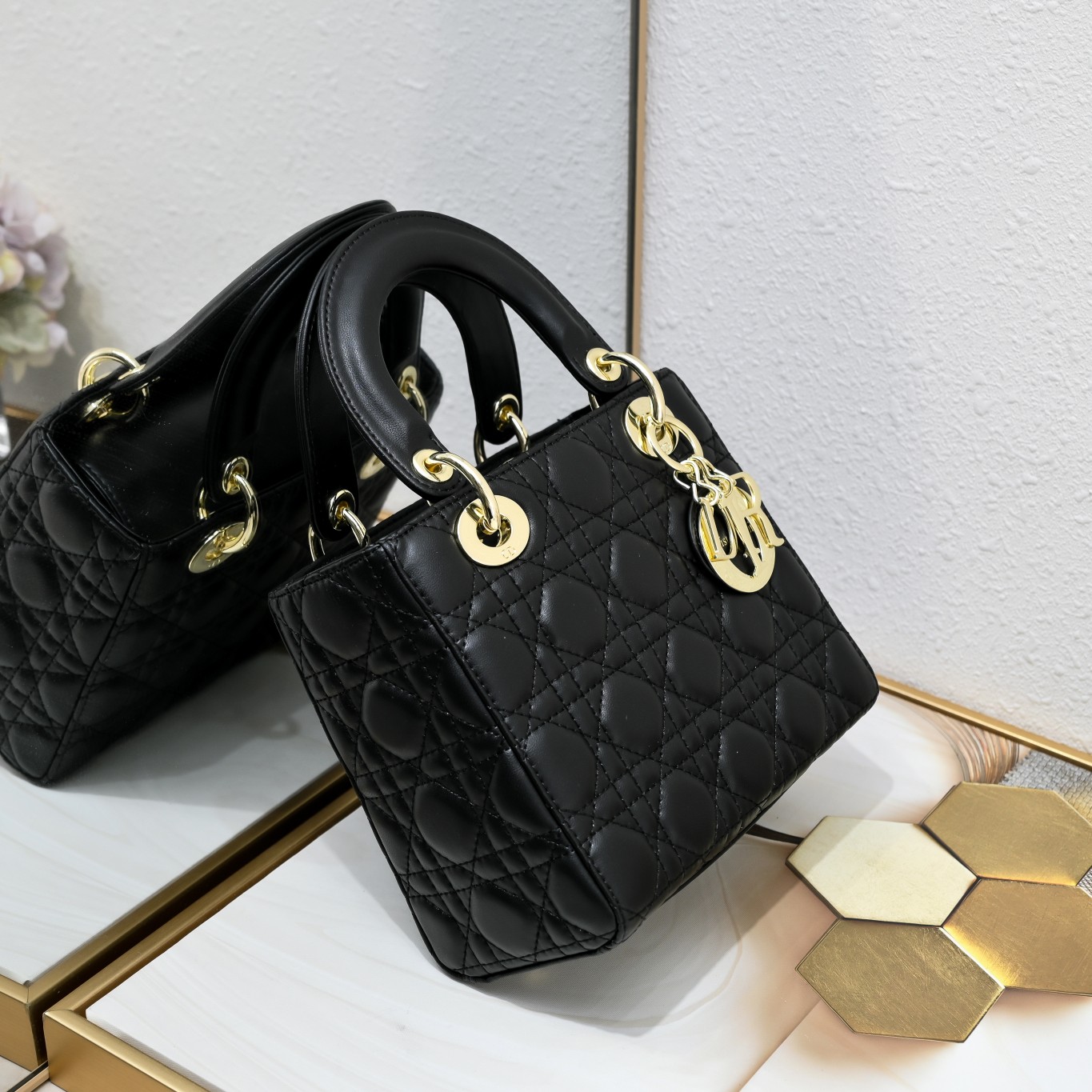 Small Lady Dior My ABCDior Bag Black Gold Sheepskin 1022 LM061 20cm