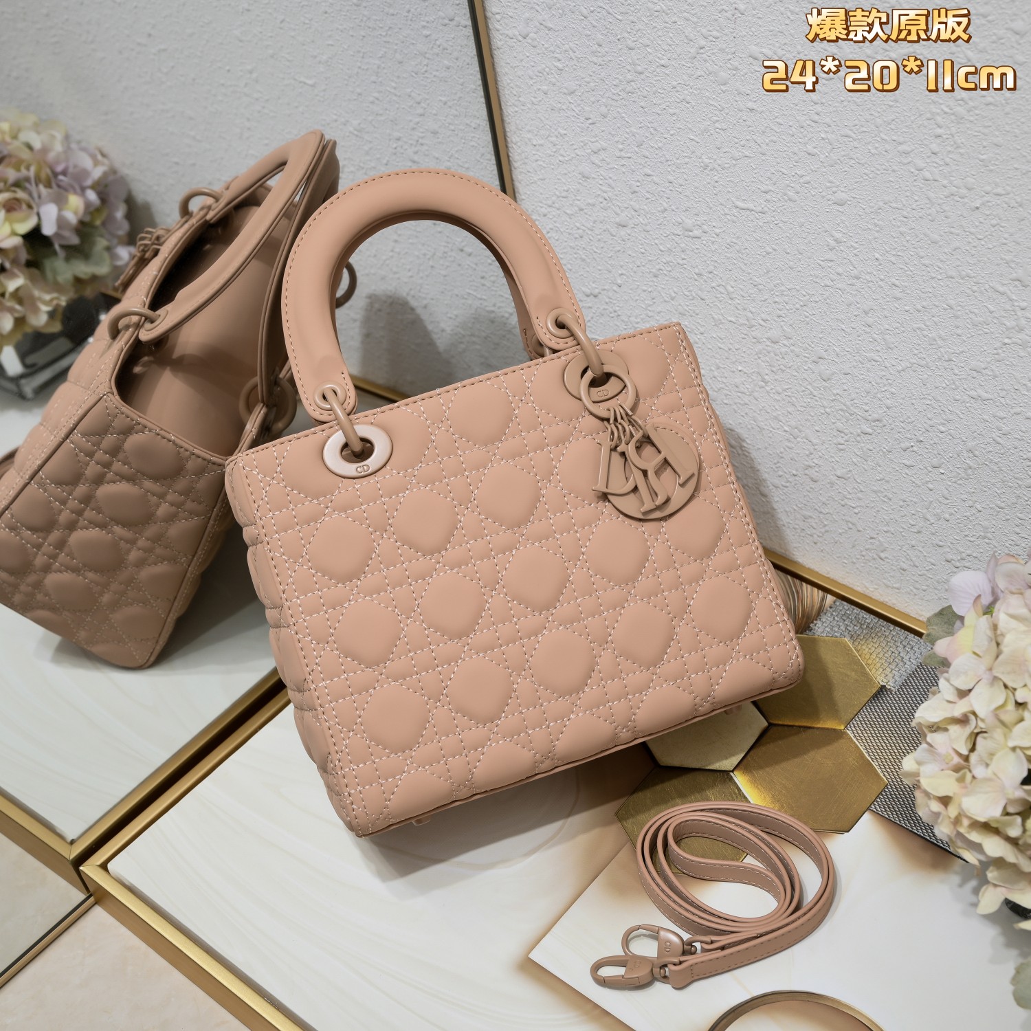 Medium Lady Dior Bag Apricot Matte 2022 LM071 24cm
