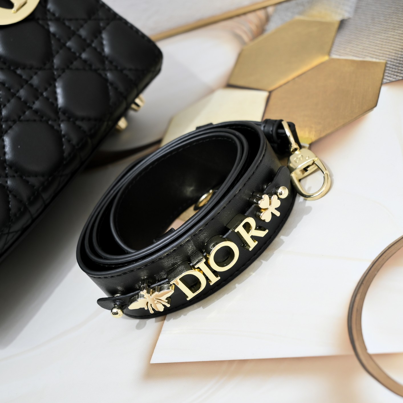 Small Lady Dior My ABCDior Bag Black Gold Sheepskin 1022 LM061 20cm