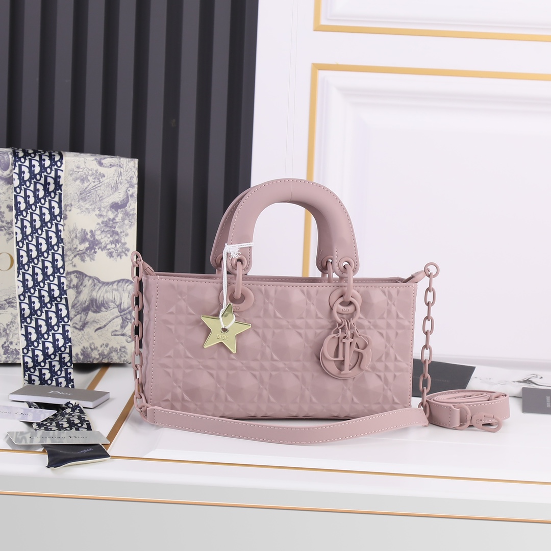 Medium Lady D-Joy Bag Pink with Diamond Motif 2099 XB012 26cm