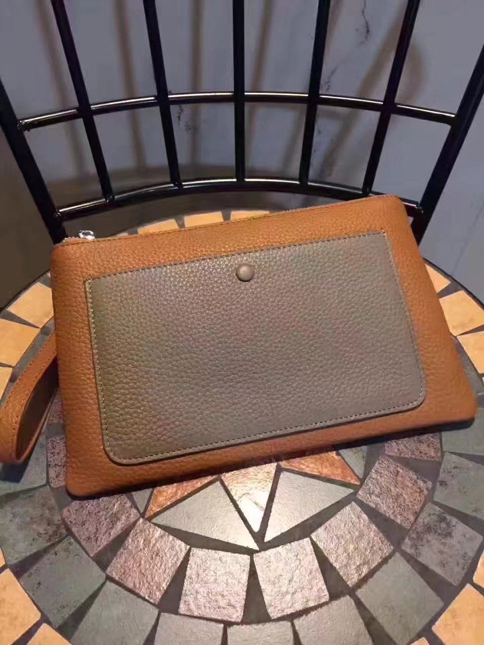 Hermes Leather 24cm Men???��s Pouch Light Coffee and Grey