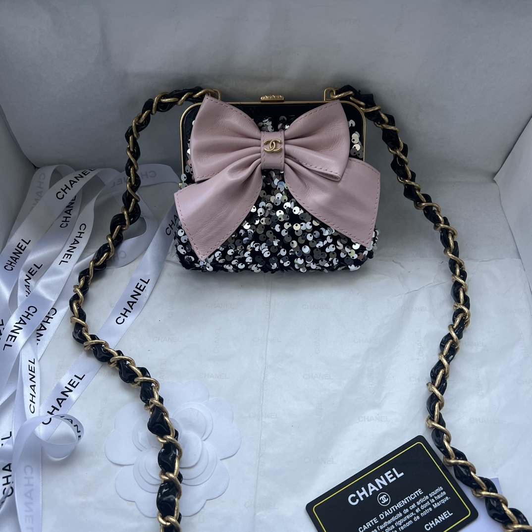 Chanel Bow Cute Clip Bag Sequins Cowhide