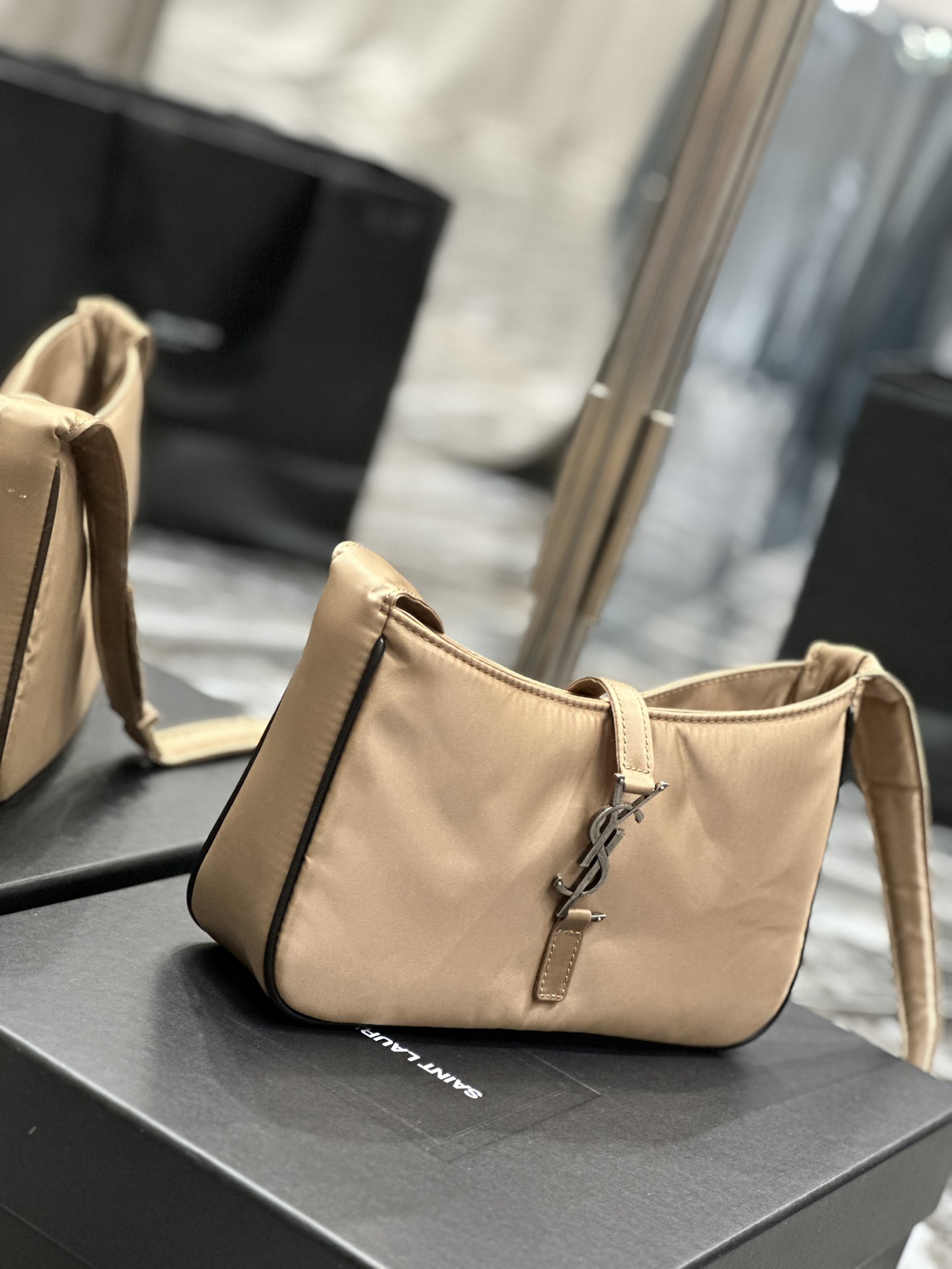 Saint Laurent 10A Handbag Shoulder Bag Top Mirror Quality Version Apricot Silver Buckle with Black Trim Nylon