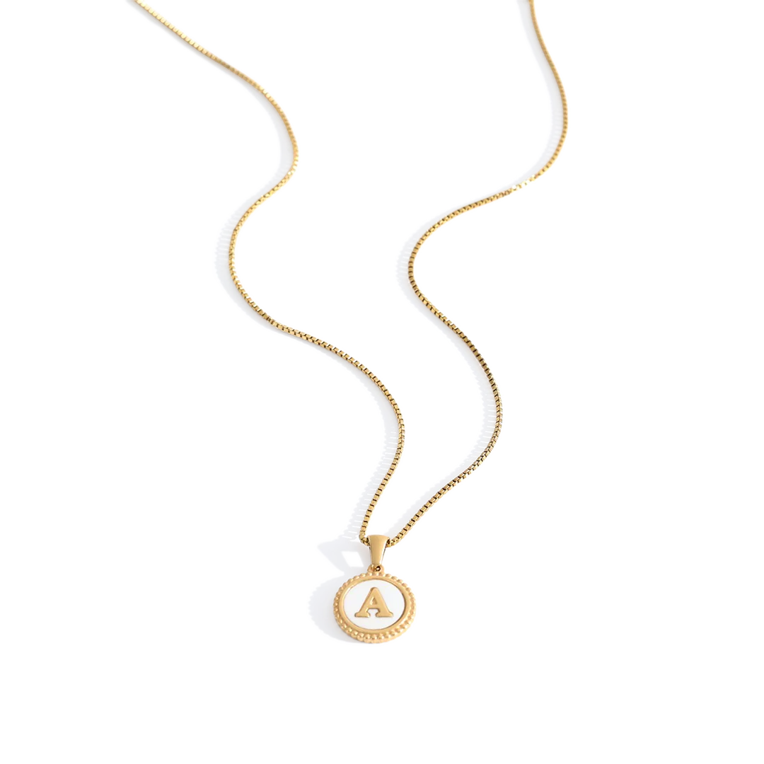 Mother of Pearl Disc Letter Necklace with Box Chain