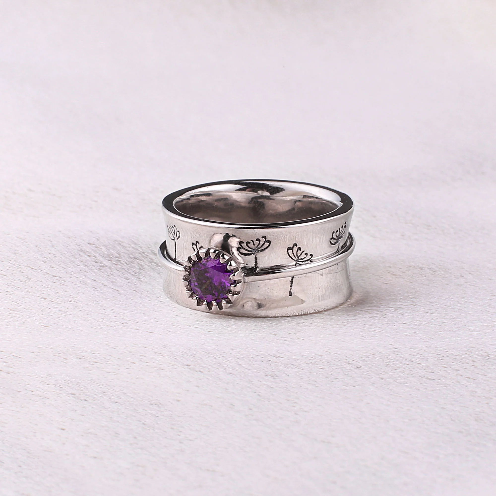 Silver Dandelion Birthstone Spinning Fidget Ring