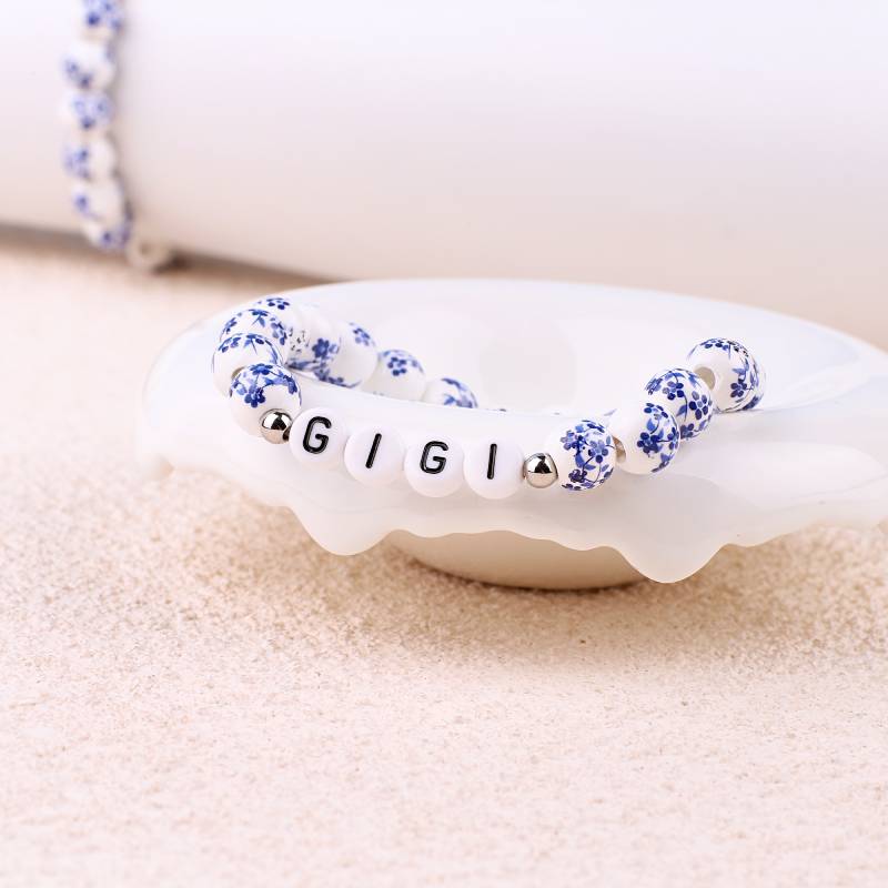 Custom Name Blue Porcelain Floral Beaded Bracelet