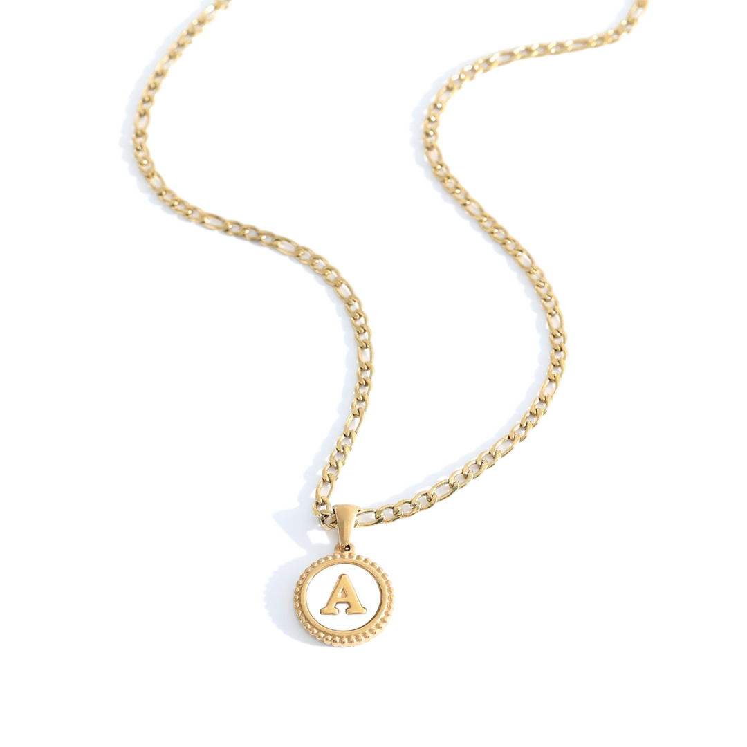 Mother of Pearl Disc Letter Necklace with Figaro Chain