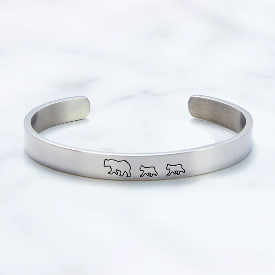 Mama Bear & Her Baby Bears Engraved Cuff Bracelet