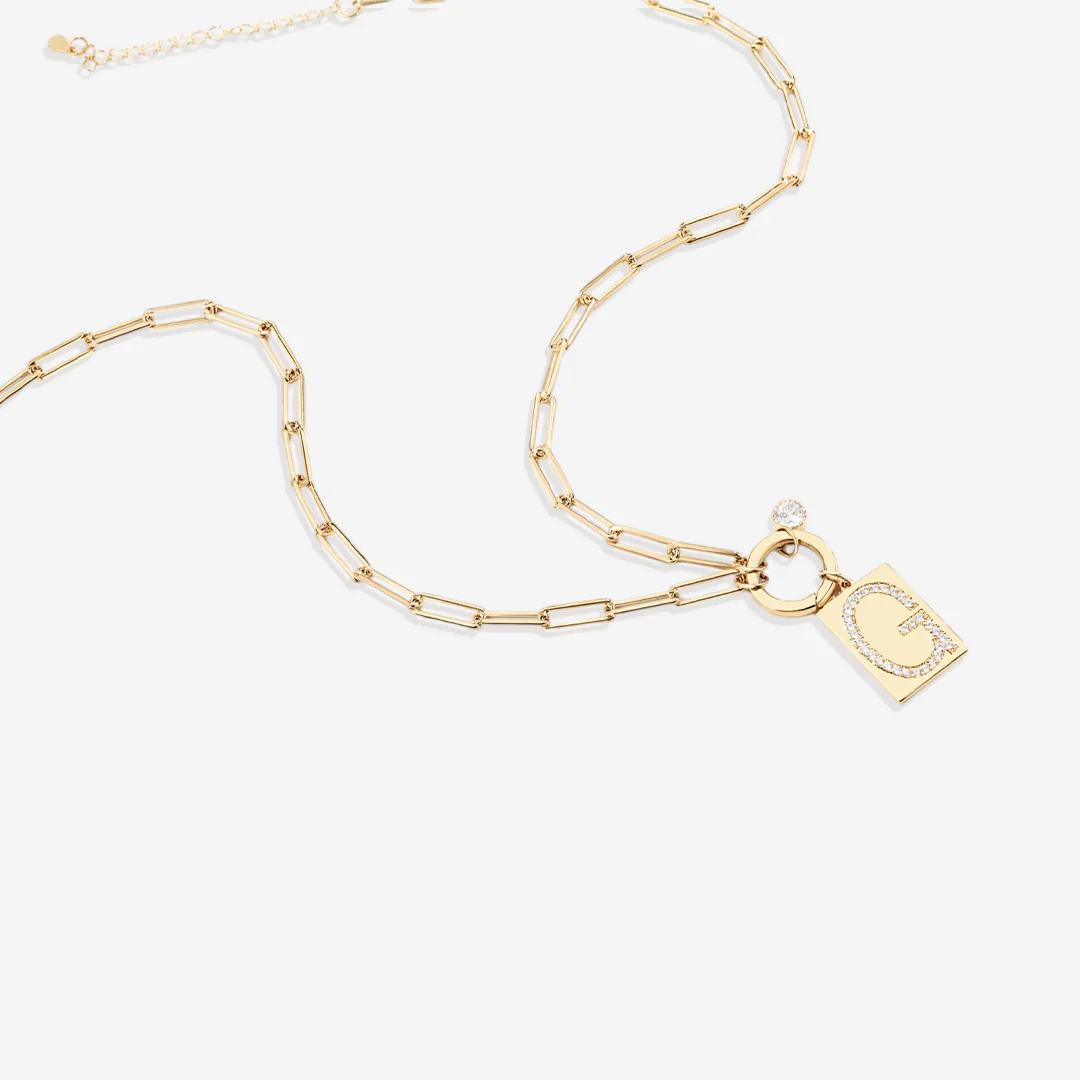Gold Pave Initial Pendant Necklace with Paperclip Chain
